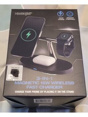PowerXcel 3-in1 Magnetic Wireless Charger Rapid Charge Magsafe Compatible Black